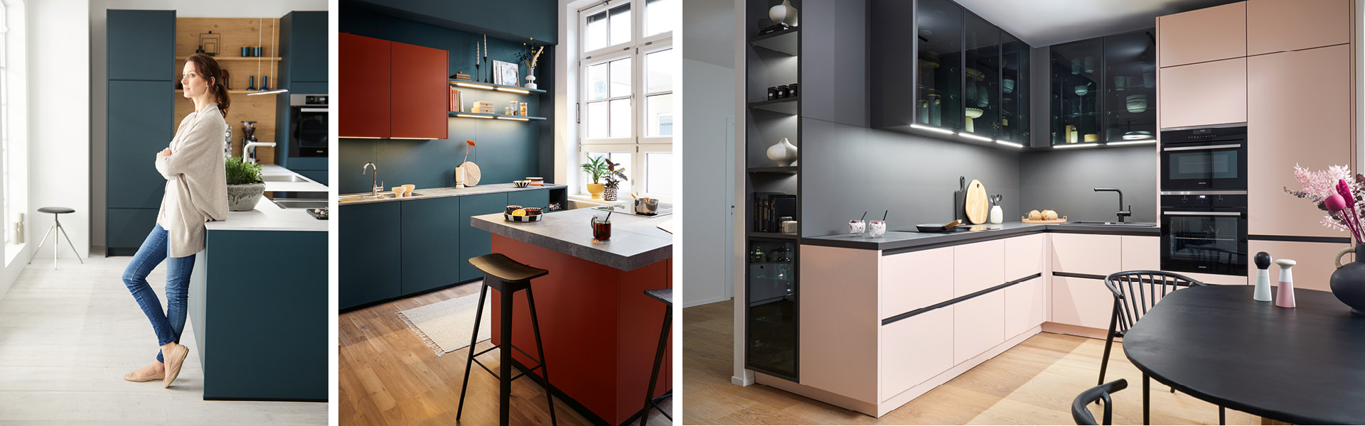 Im dezenten Blau bringt die Küchenfront einen ruhigen Farbton in Ihre Küche.