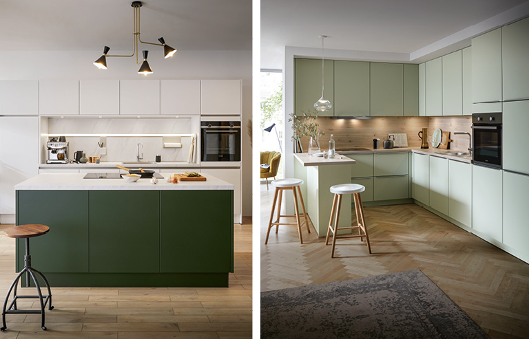 Küchenfronten in Grün und Weiß machen Ihre Küche zum Blickfang.